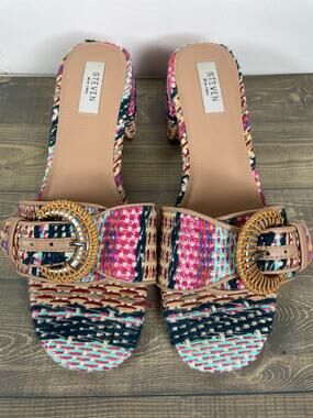 STEVEN NEW YORK Blythe Multicolor Woven Raffia Block Heel Sandals Sz 10M